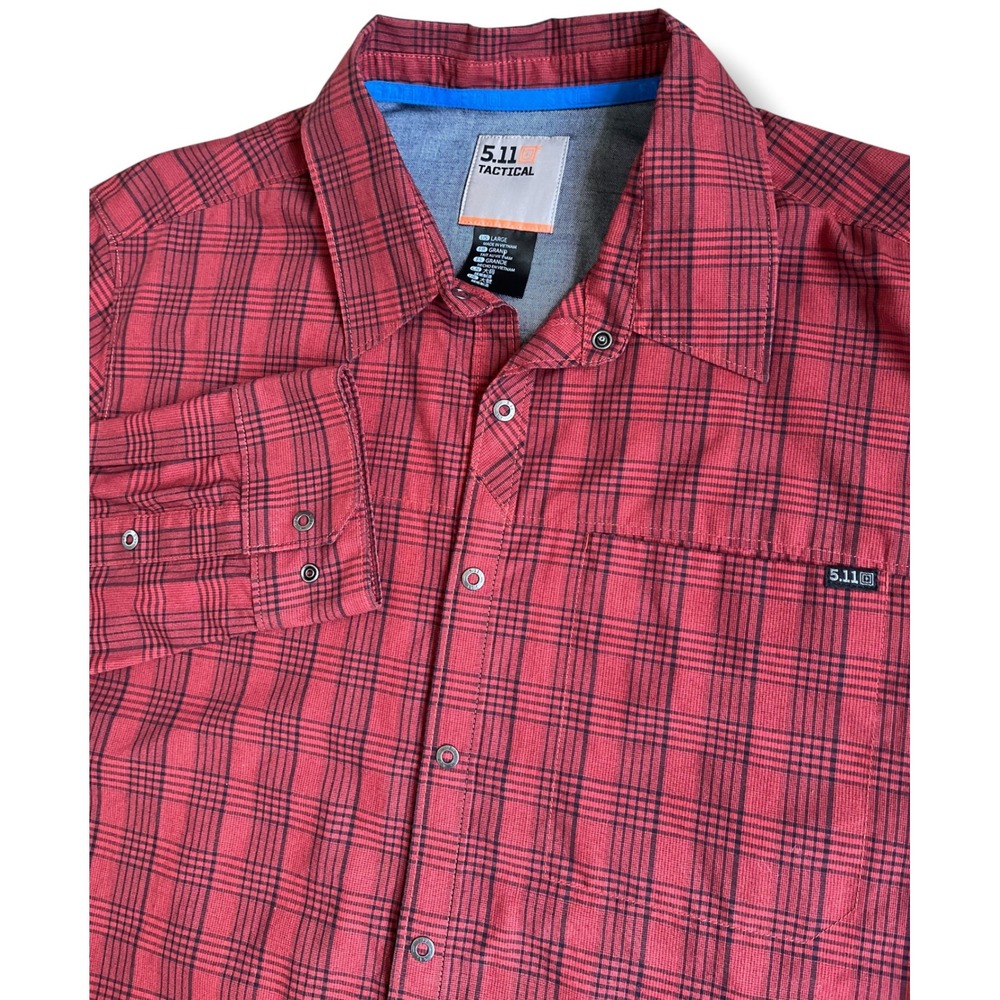 5.11 Tactical Mens Large Red Black Plaid Long Sleeve Snap Front Ripstop Shirt